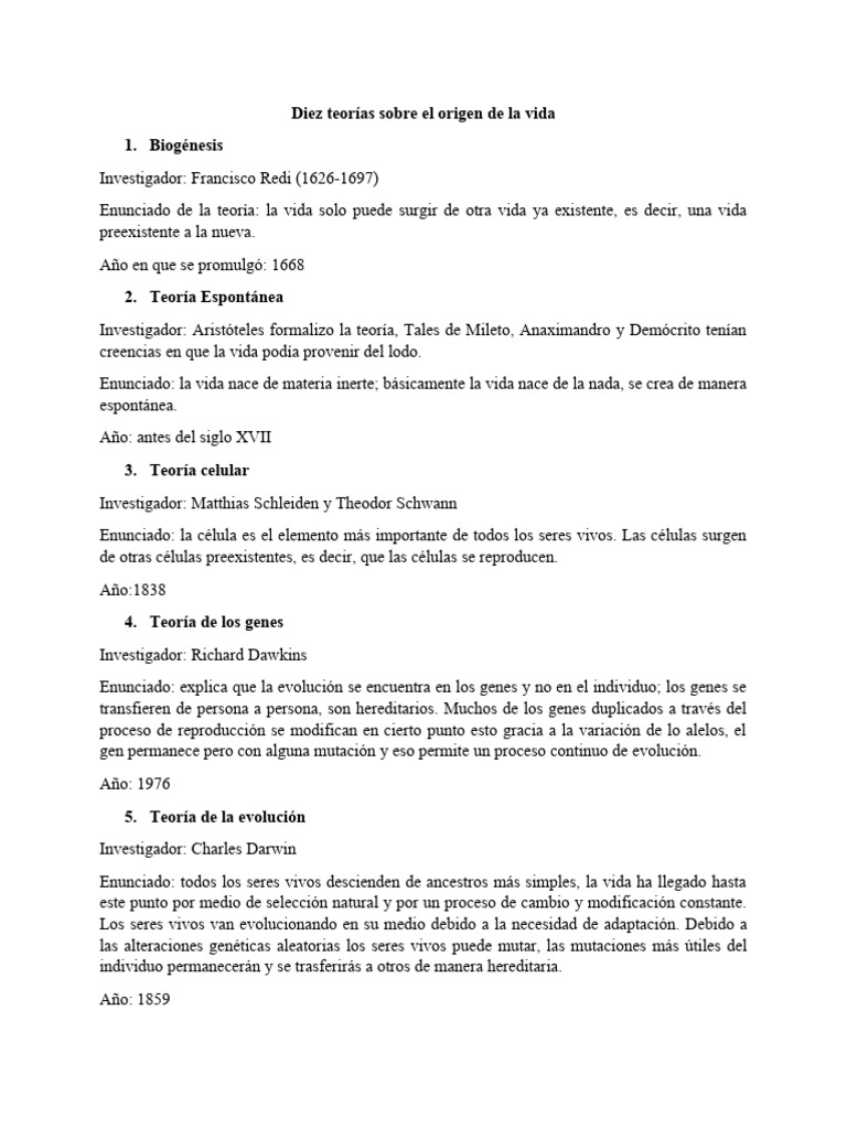 Diez teorías del origen de la vida | PDF | Evolución | Biología Celular)