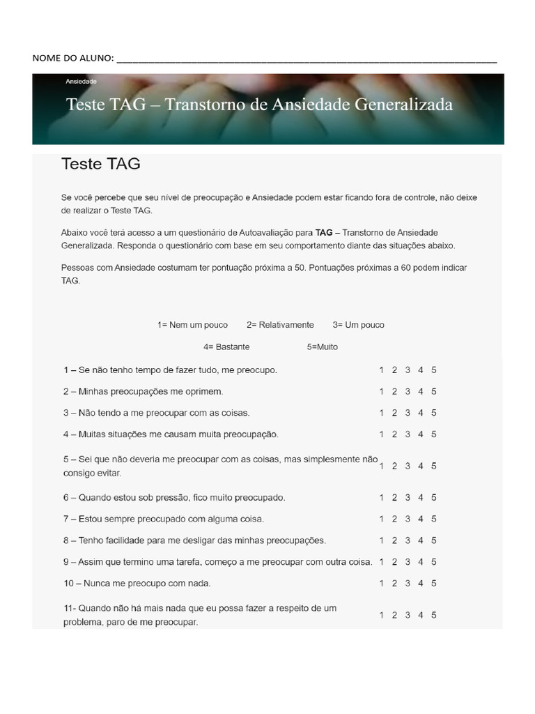 Teste - Tag - Transtorno Ansiedade Generalizada | PDF | Finanças e ...