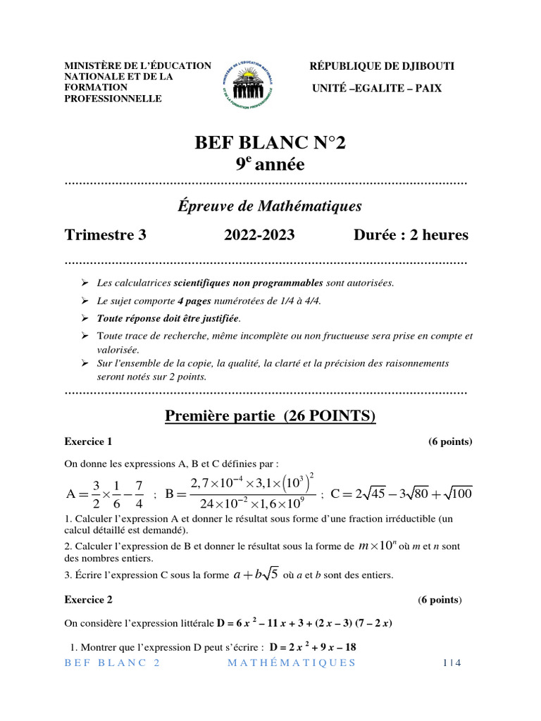 BEF Blanc Mathématiques 2023 Djibouti | PDF | Triangle | Mathématiques