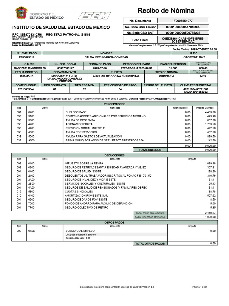 Recibo de Nómina Instituto de Salud Del Estado de Mexico PDF