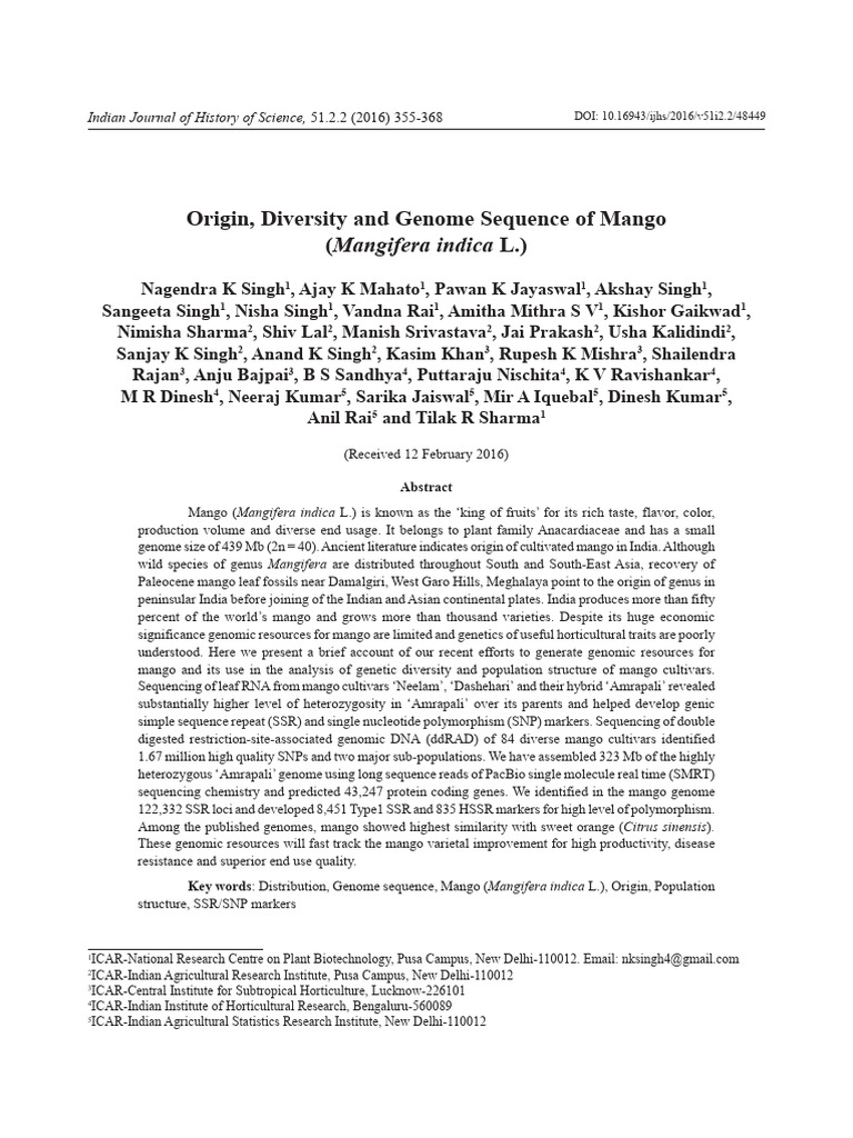 Origin, Diversity and Genome Sequence of Mango (Mangifera Indica L