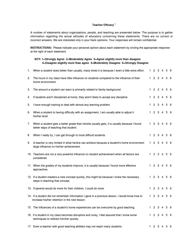 Teacher Efficacy Scale PDF Teachers Human Communication