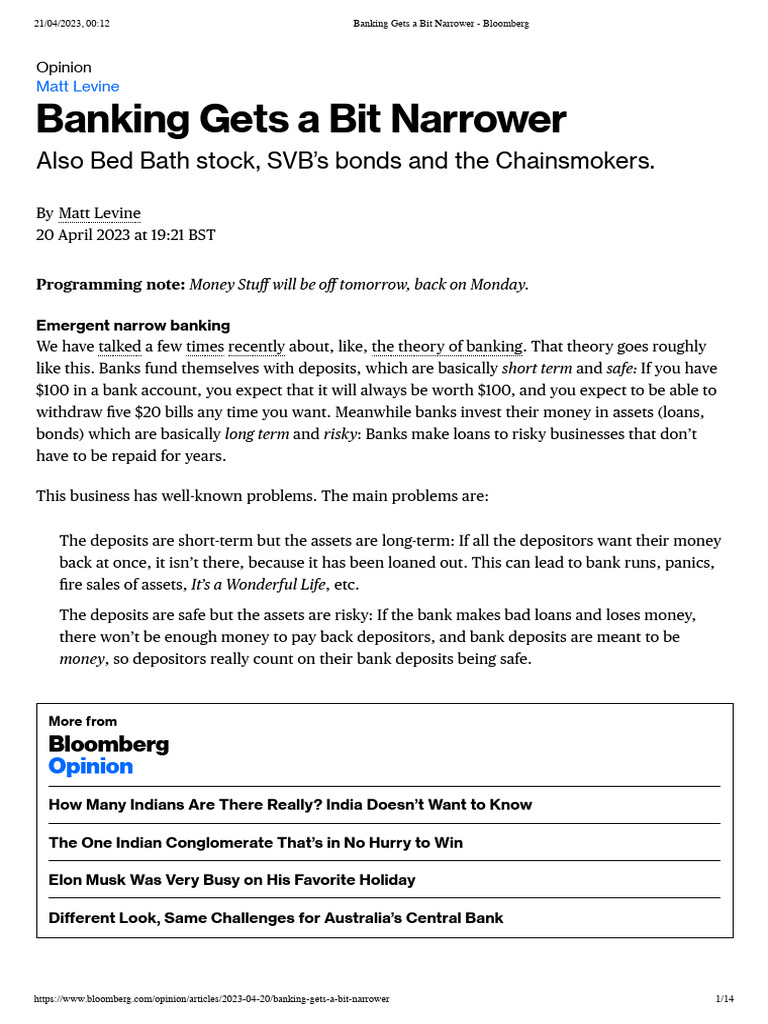 Banking Gets A Bit Narrower - Bloomberg | PDF