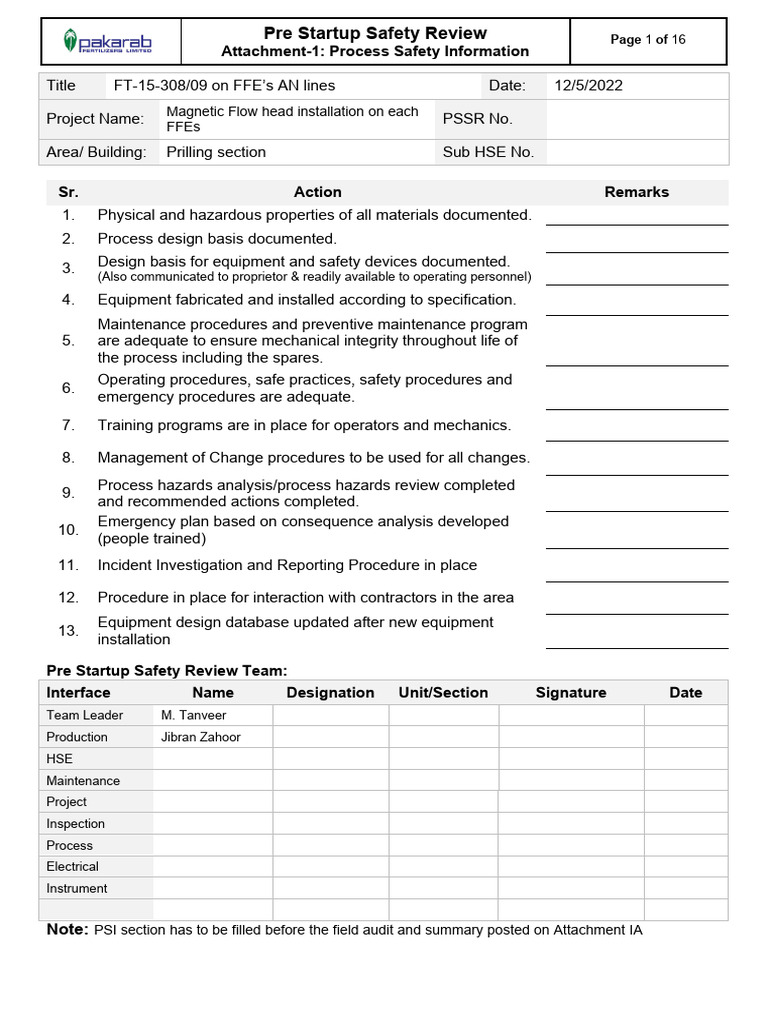 PSSR Checklist FT-15-308 & 09 - CAN Plant | PDF | Valve | Electrical ...