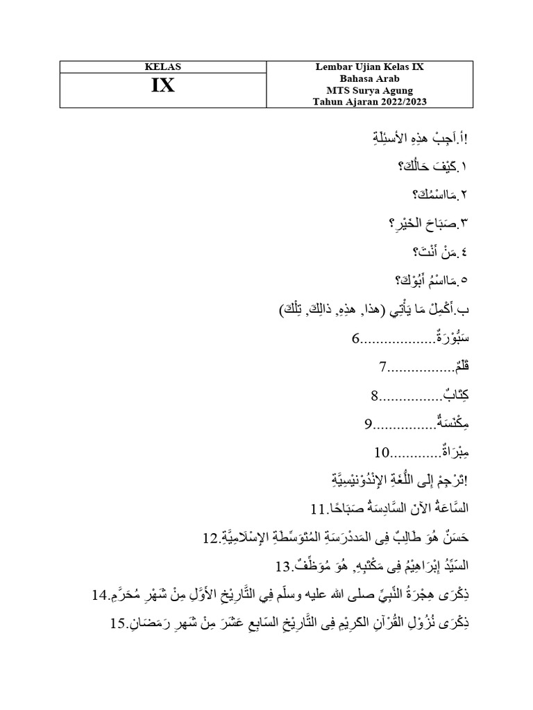 Soal Bahasa Arab Kelas Ix 2023 | PDF