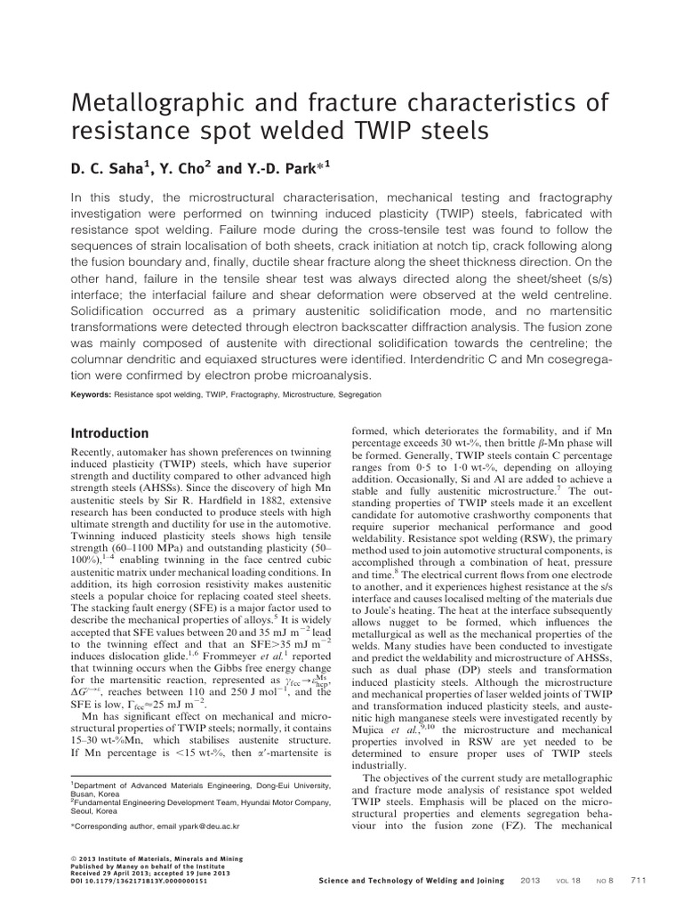 Metallographic and Fracture Characteristics of TWIP STEELS SPOT WELDED ...