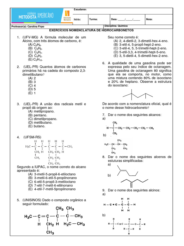 Exercícios de Nomenclatura de Hidrocarbonetos | PDF | Alcano ...