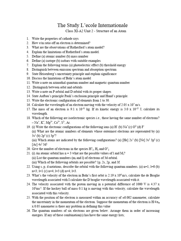 Work Sheet - Structure of Atom | PDF | Atomic Orbital | Electron