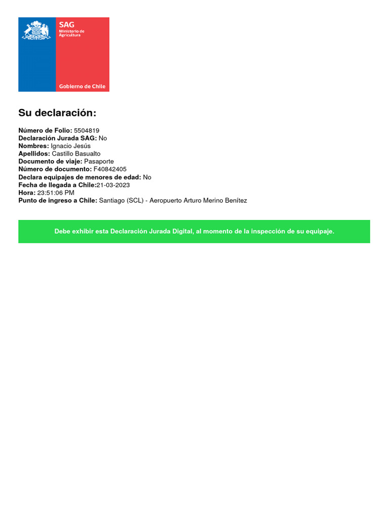 Declaración de Ingreso a Chile 2023 | PDF