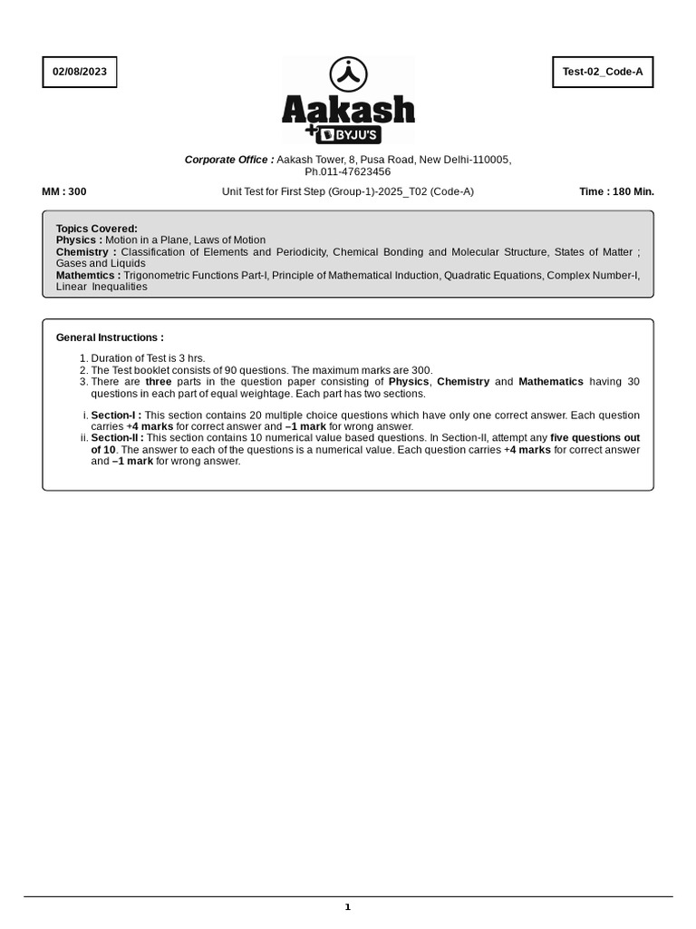 Unit Test For First Step Group 1 2025 T02 Code A 02 08 2023 Question