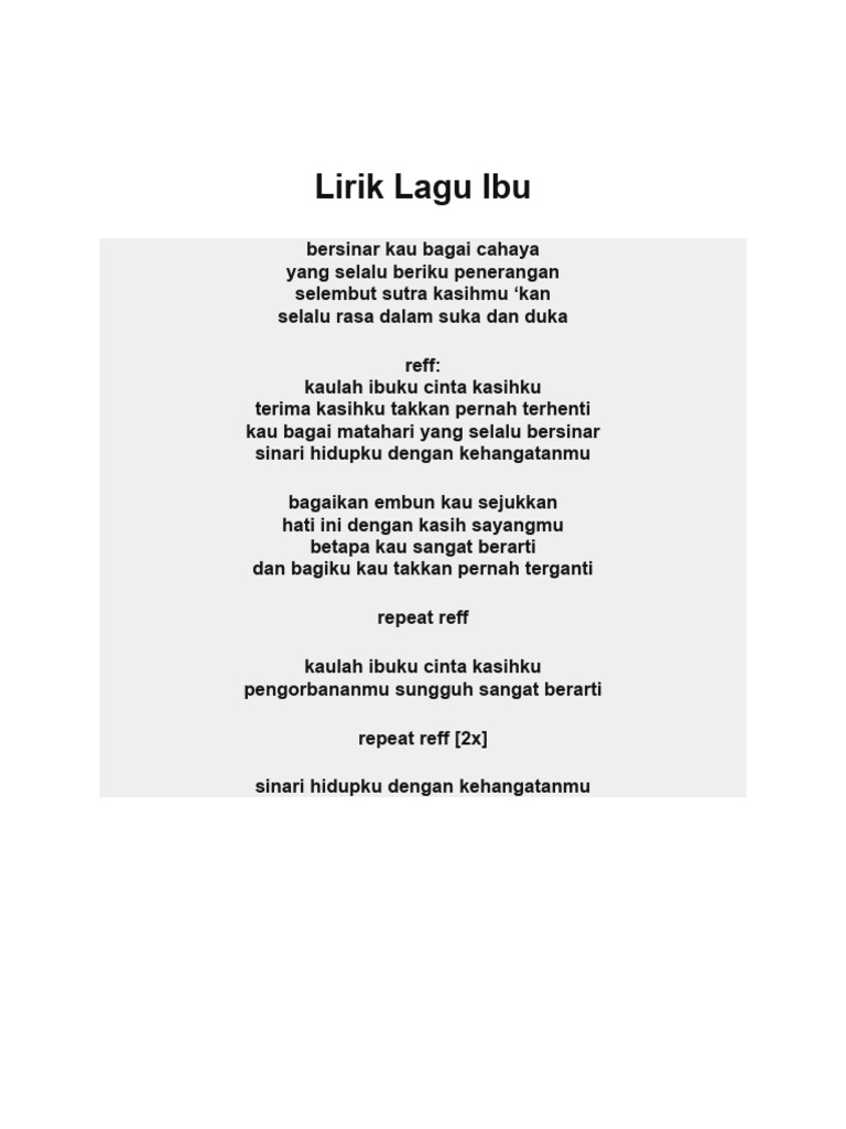 Lirik Lagu Kaulah Ibuku Cinta Kasihku | PDF