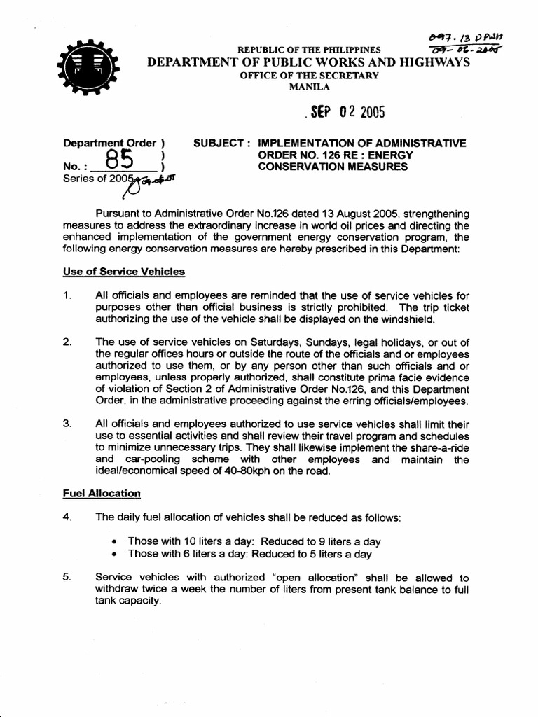 DPWH DO 085 - S2005 Implementation of AO No. 126 Energy Conservation ...