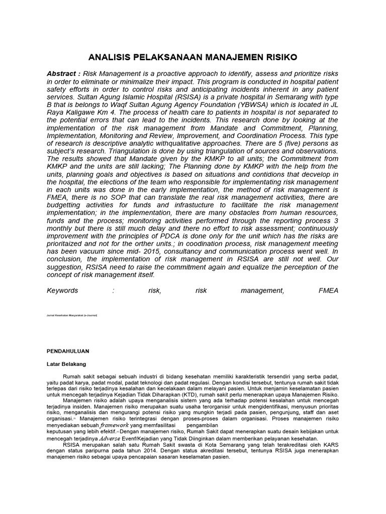 Analisis Pelaksanaan Manajemen Risiko Pdf Risk Management Risk