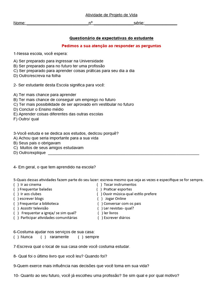 Atividades de Projeto de Vida para Ensino Médio | PDF | Escolas
