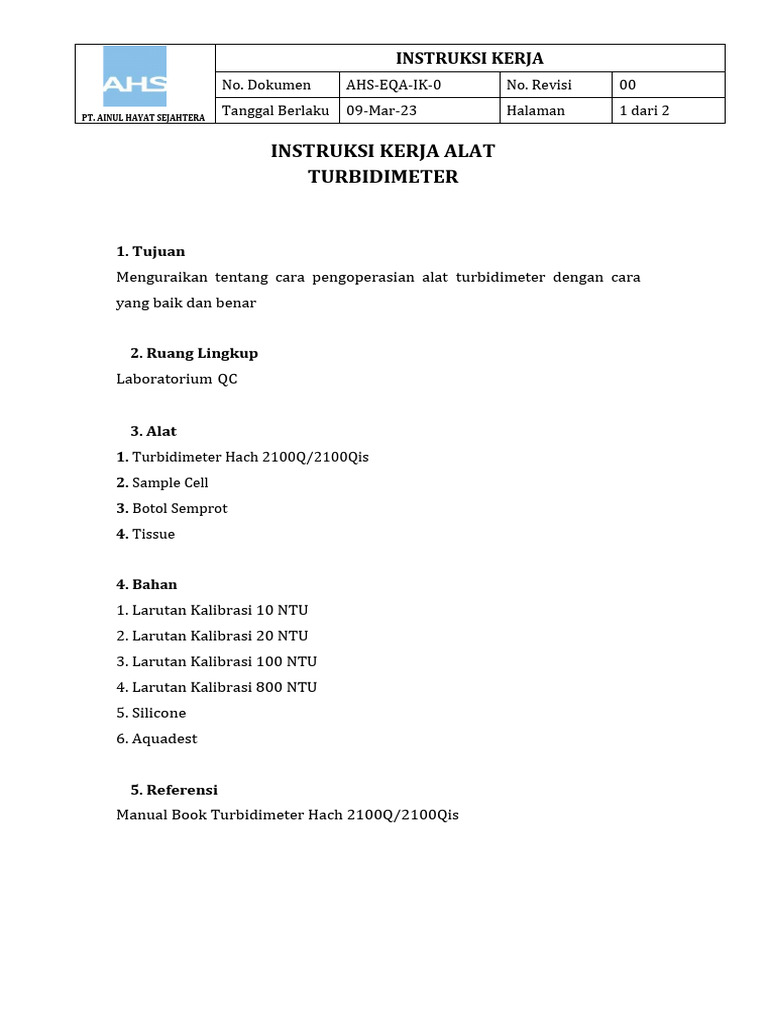 Instruksi Kerja Alat (Turbidimeter) PDF