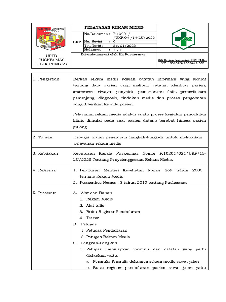 SOP Rekam Medis Puskesmas Ulak Rengas | PDF