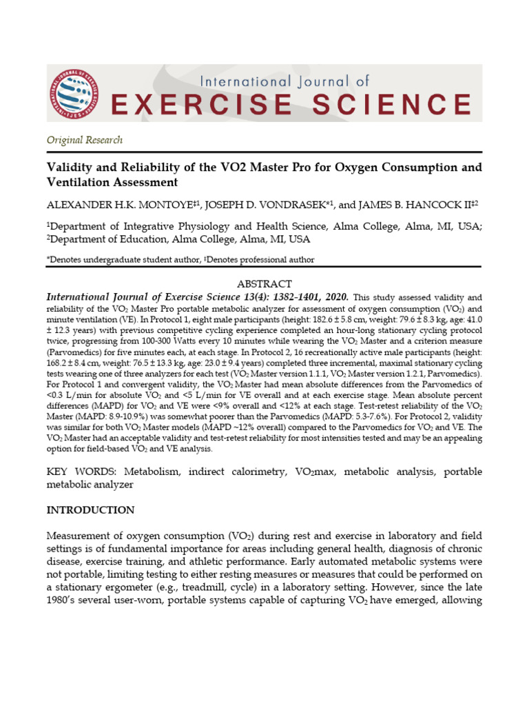 VO2 Master Pro Validity and Reliability Study | PDF | Medical ...