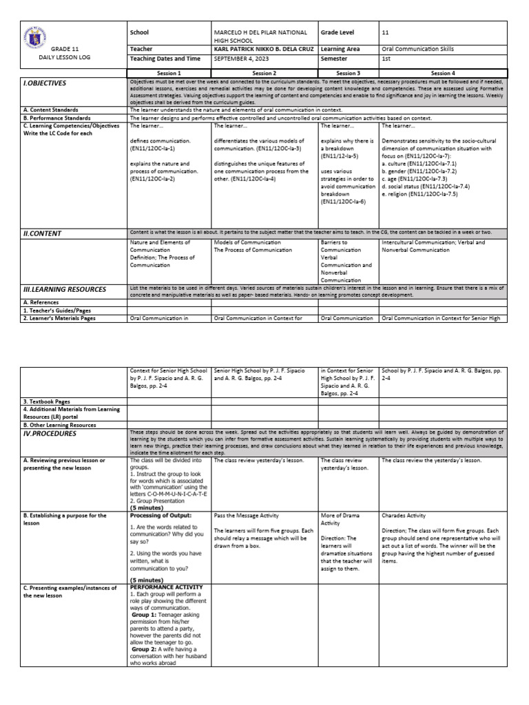 Grade 11 Oral Communication Lesson Plan | PDF | Communication | Learning