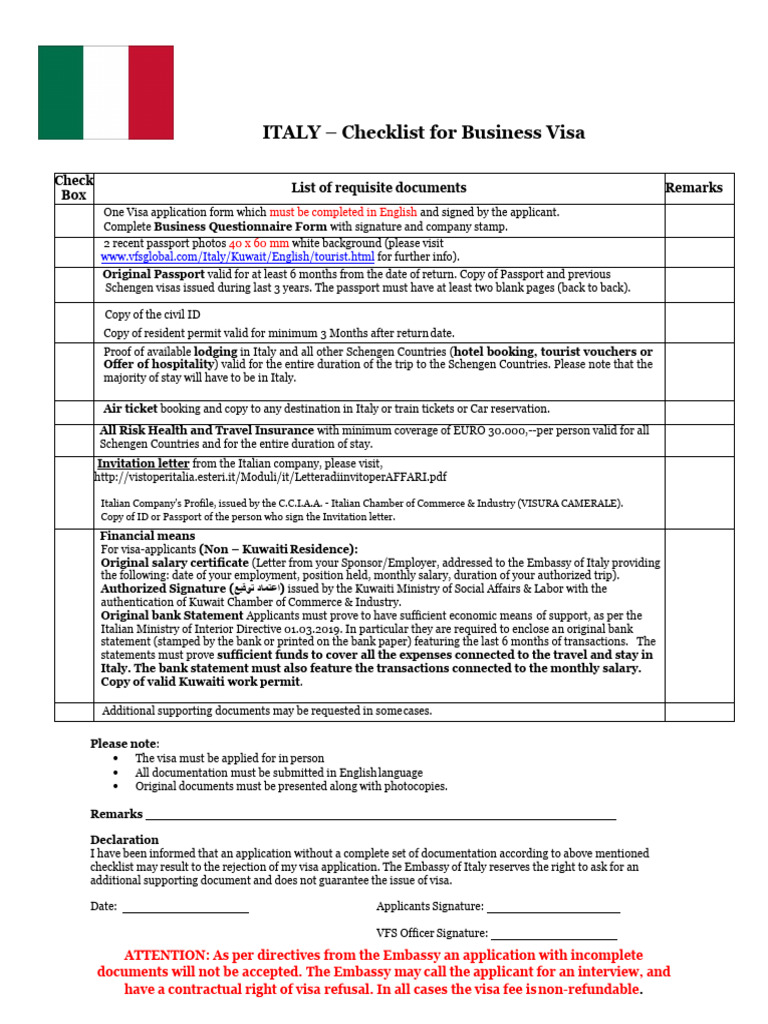 Checklist For Italy Visa