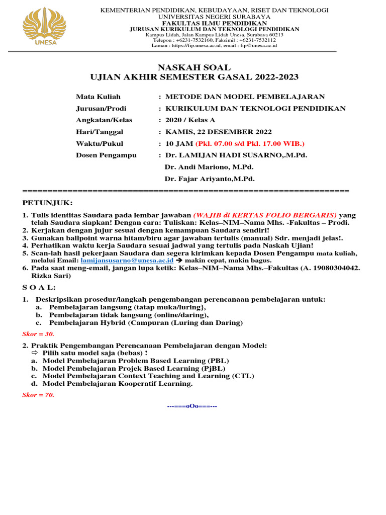 Soal Uas Mk Metode Dan Model Pembelajaran Tp 2020 A Smt Gasal 2022