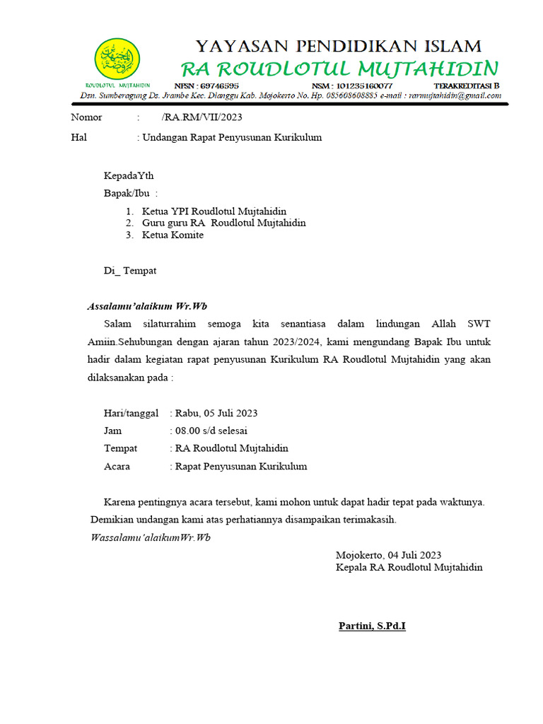 Undangan Rapat Penyusunan Kurikulum | PDF