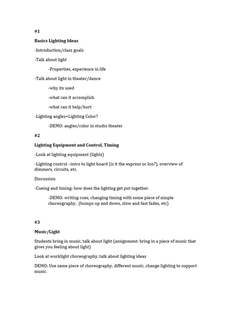 Lighting Design Class Outline PDF Choreography Lighting