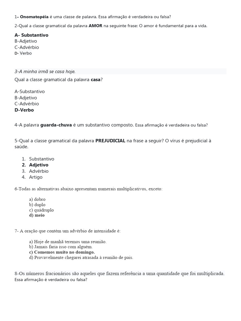 Quiz sobre Classes Gramaticais | PDF | Pronome | Substantivo