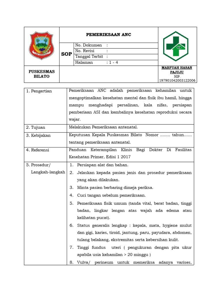 Prosedur Pemeriksaan ANC di Puskesmas | PDF