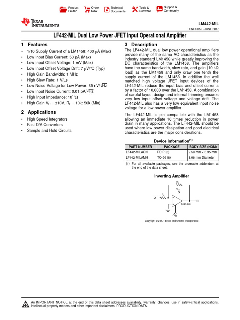 lf442 Mil | PDF | Amplifier | Operational Amplifier