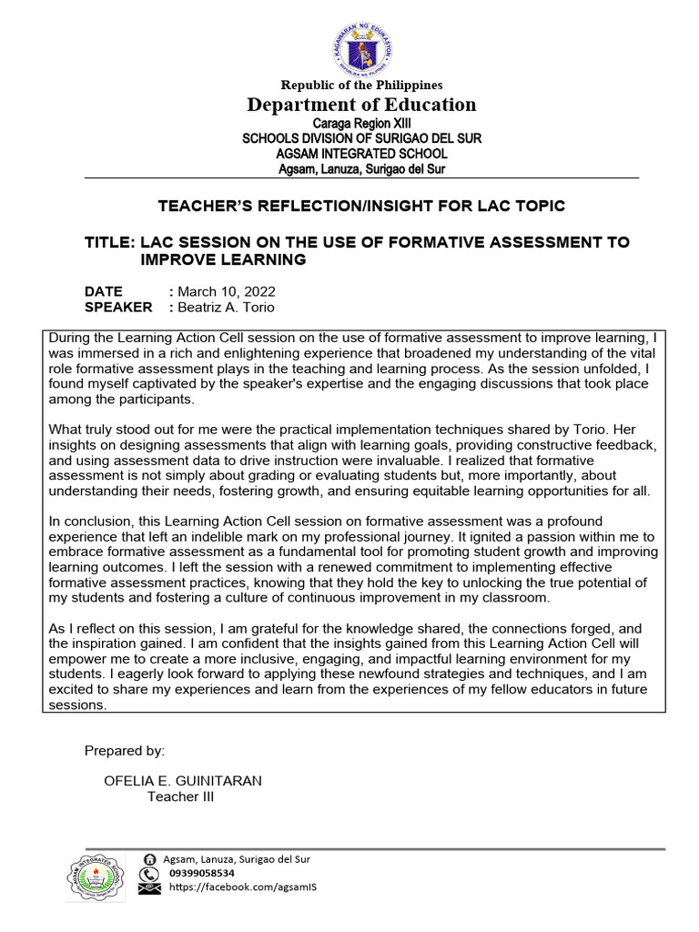 Reflection On The Use of Formative Assessment | Download Free PDF ...
