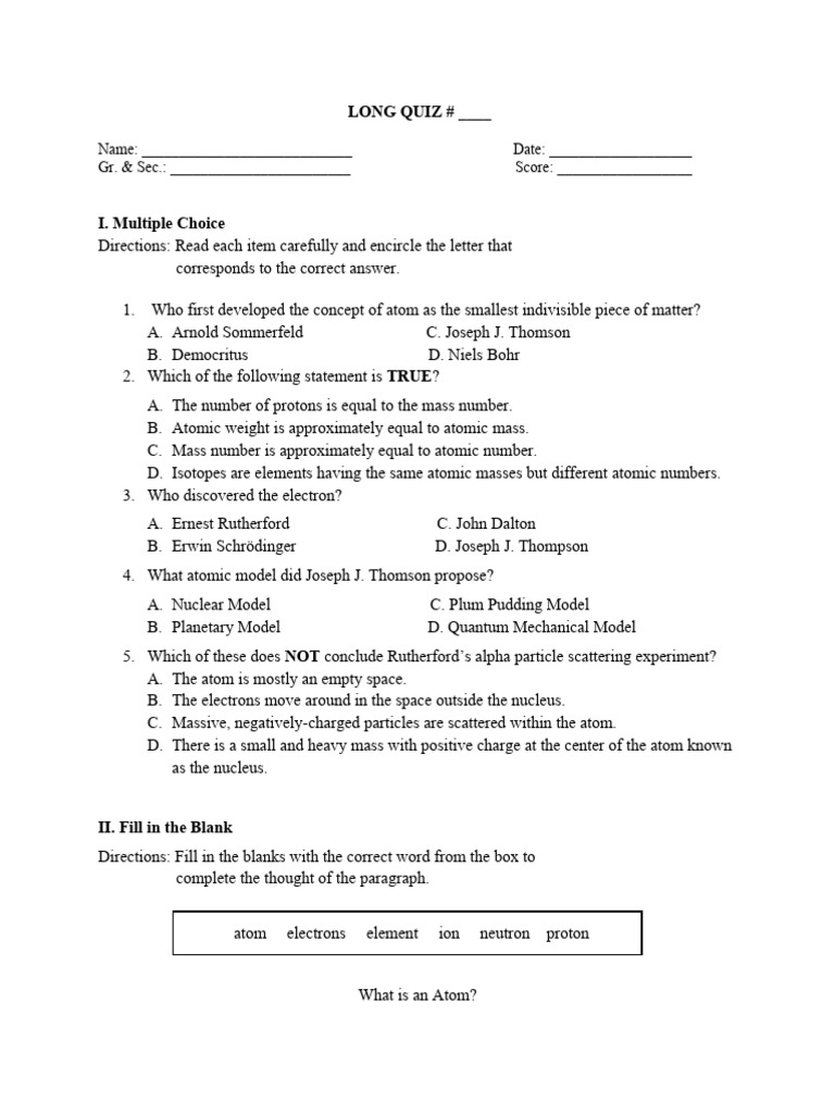 Long quiz science 8 pdf atoms atomic nucleus