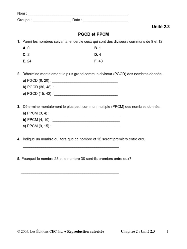 Exercice sur PGCD et PPCM | PDF | Arithmétique | Mathématiques élémentaires