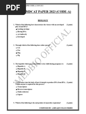 SINDH MDCAT PAPER 2023 CODE-A WITH OFFICIAL KEY