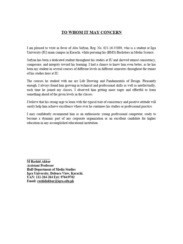 Recommendation Letter. Sufyan. Sir Rashid | PDF | Business