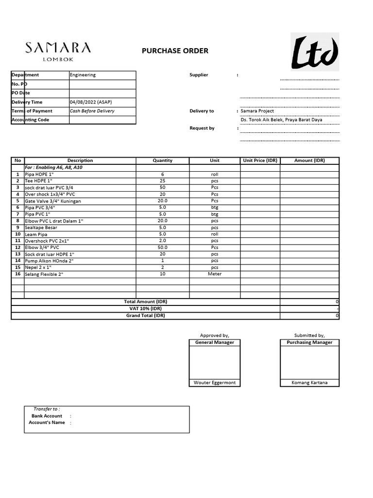 Contoh PO Pipa Irigasi Enabling | PDF