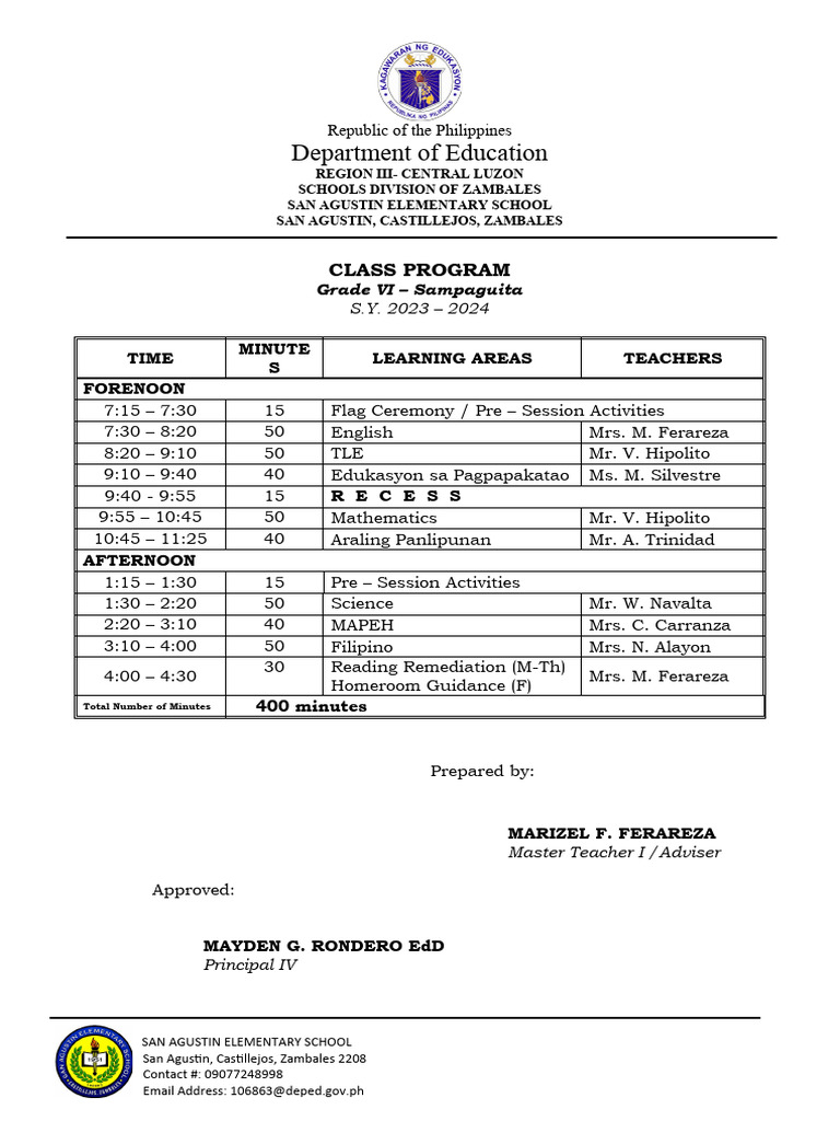 Class Teacher Program 2023 24 | PDF | Schools