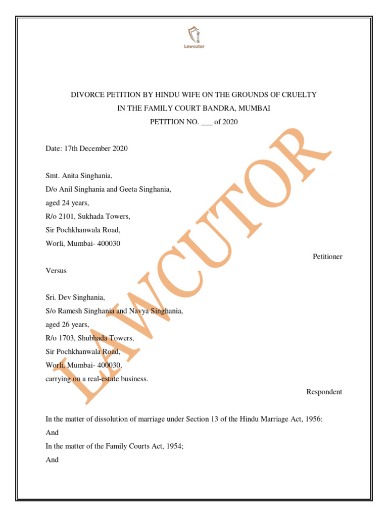 Divorce Petition by Hindu Wife On The Grounds of Cruelty | PDF ...