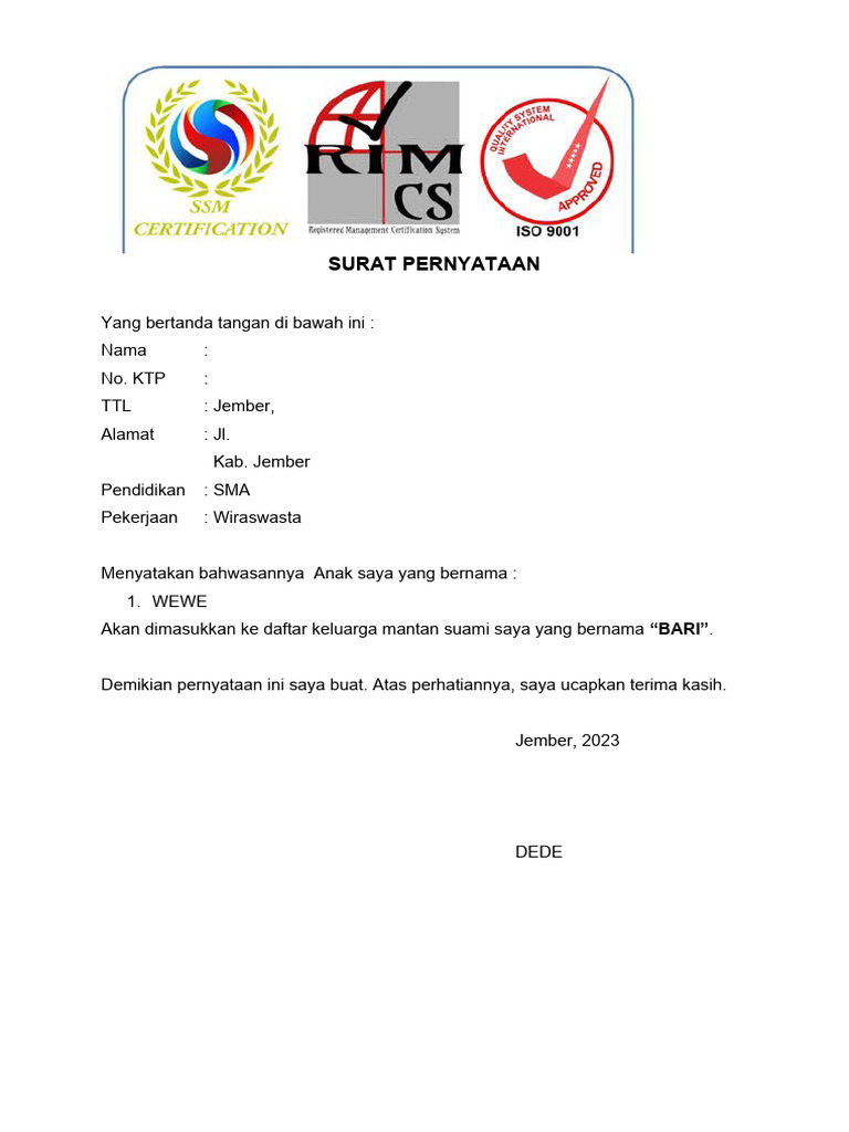 Surat Pernyataan Anak | PDF