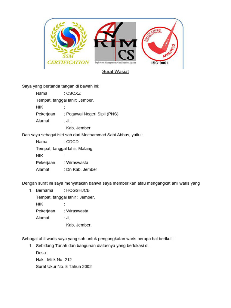 Contoh Surat Wasiat Tanah dan Harta | PDF