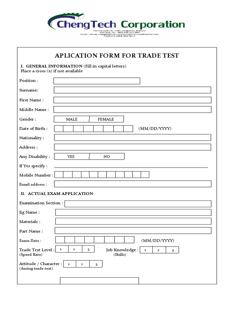 Aplication Form For Trade Test | PDF
