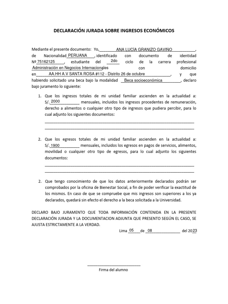 Declaración Jurada de Ingresos Económicos | PDF | Negocios | Finanzas y ...