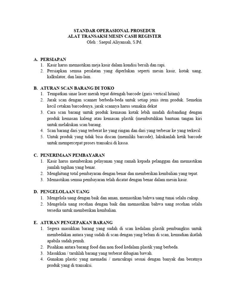 SOP Kasir Minimarket untuk Transaksi Aman | PDF | Pengelolaan Keuangan ...