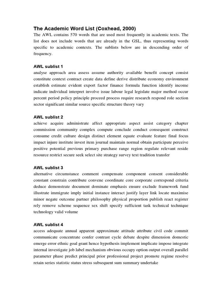 Academic word list pdf