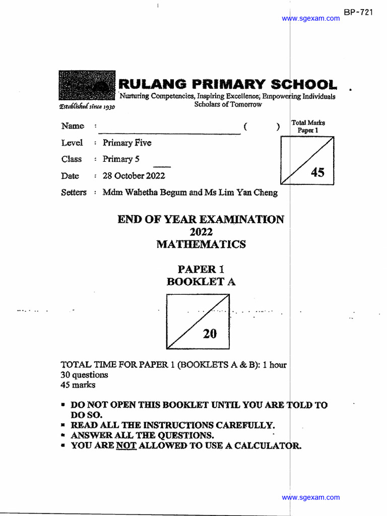 2022-P5-Maths-Semestral Assessment 2-Rulang | PDF | Home & Garden