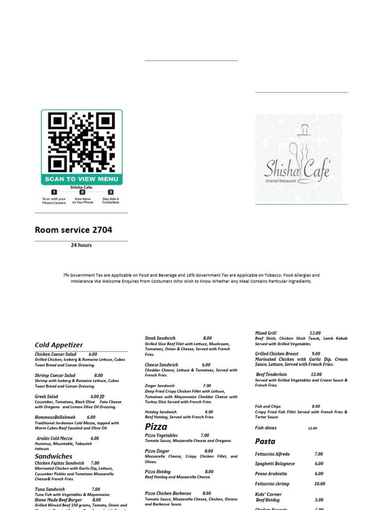 Room Service Menu Overview | PDF | Salad | Drink