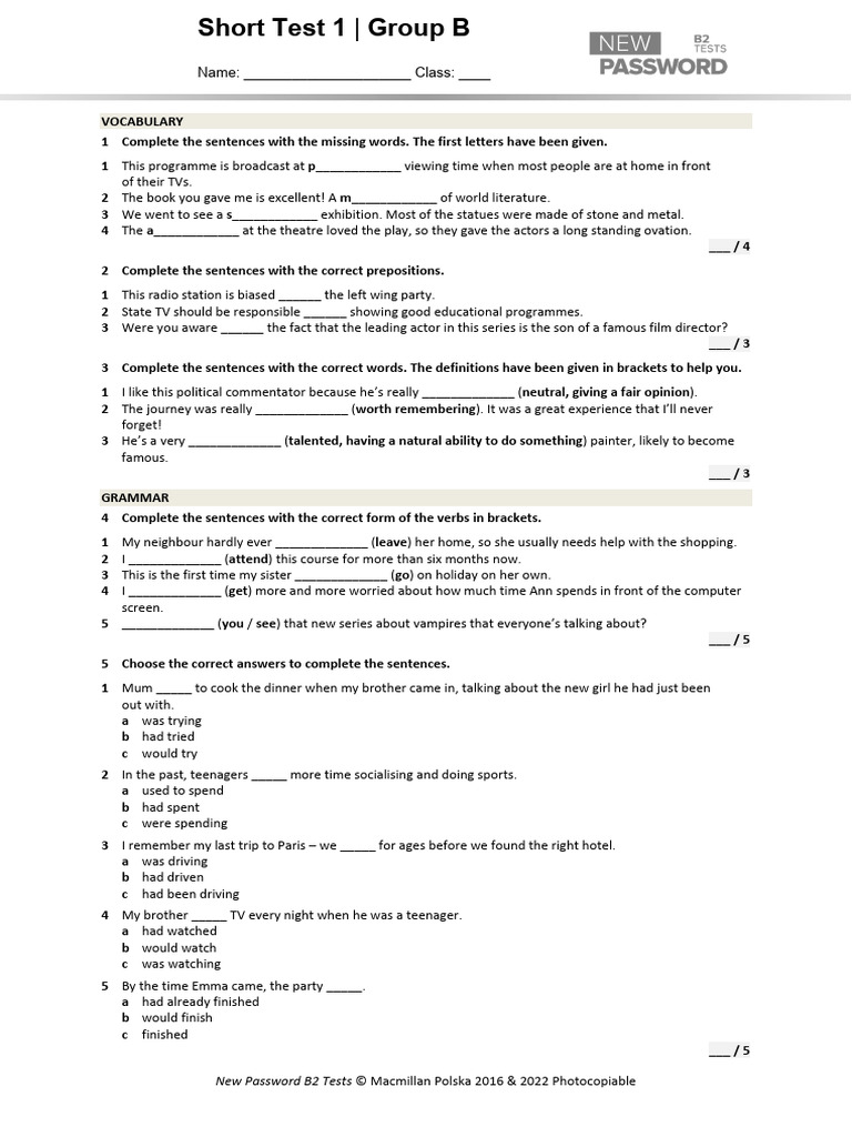 New Password B2 Unit 1 Short Test | PDF | Linguistics | Languages