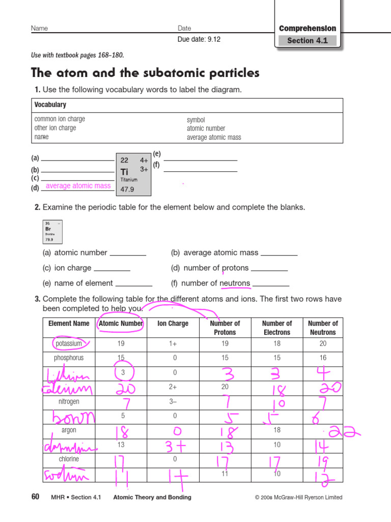 The Atom and The Subatomic Particles: Comprehension Section 4.1 | PDF ...
