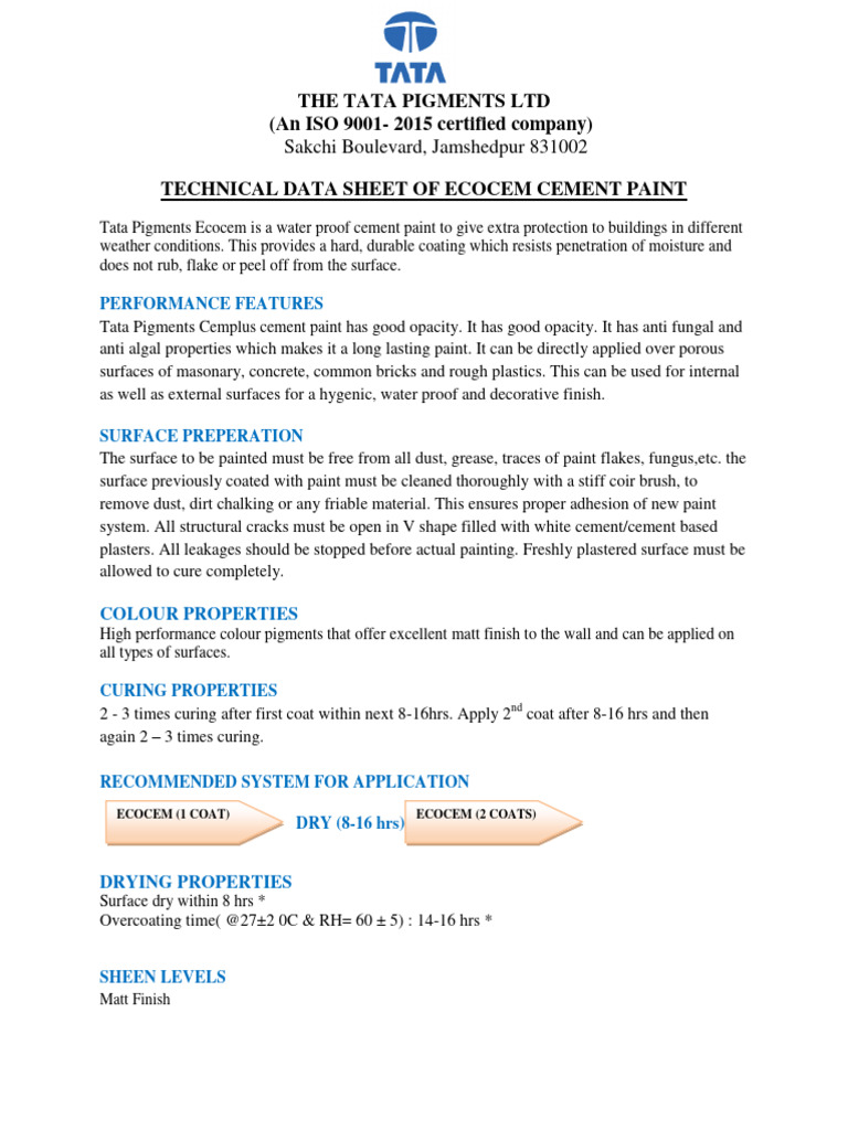 Tata Ecocem Cement Paint Technical Data | PDF | Paint | Plaster