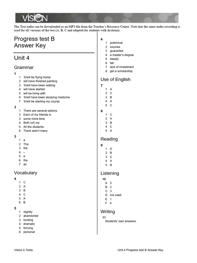 Unit 4 Progress Test B Answer Key | PDF