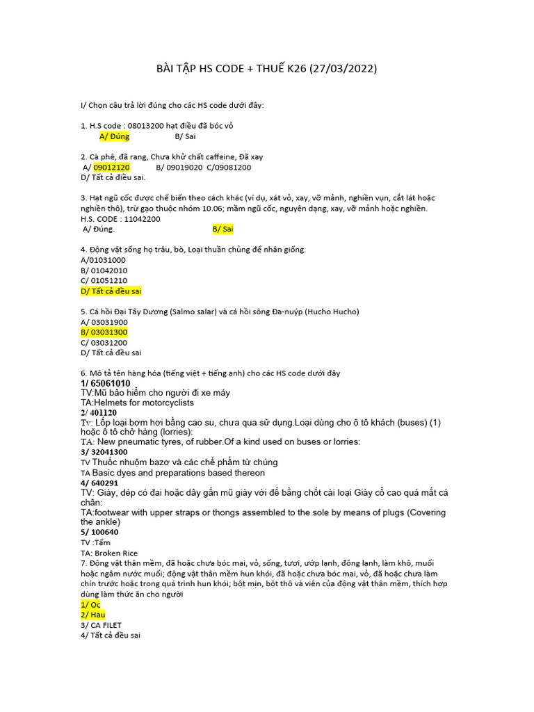 BÀI TẬP HS CODE + THUẾ GV Ms Trinh | PDF